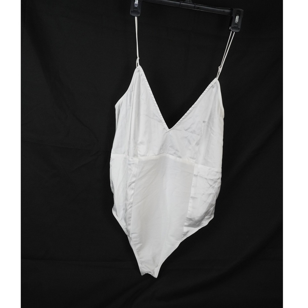 For Love&Lemons Women White Satin V-Neck Spaghetti Strap Open Back Bodysuit Top